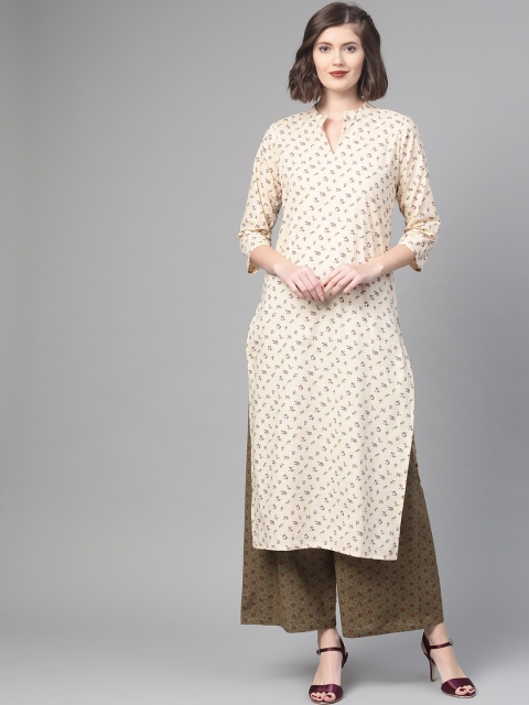 

Nayo Women Cream-Coloured & Olive Green Printed Kurta with Palazzos