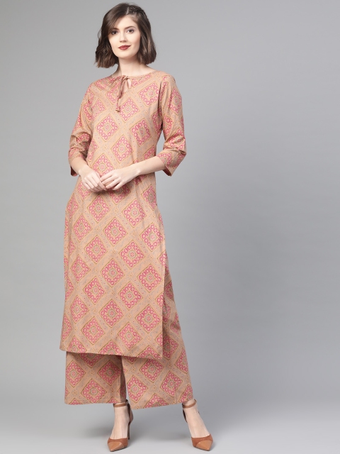 

Nayo Women Beige & Pink Printed Kurta with Palazzos