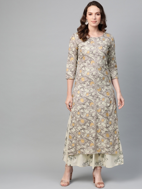 

Nayo Women Grey & Cream-Coloured Foil Print Kurta with Skirt