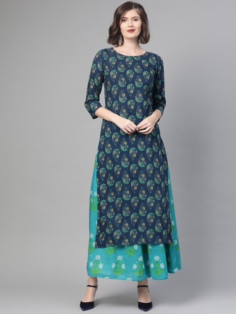 

Nayo Women Navy Blue & Green Printed Kurta with Skirt