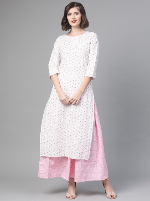 

Nayo Women White & Pink Printed Kurta with Skirt