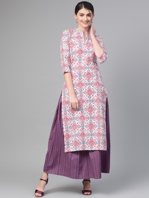 

Nayo Women White & Purple Printed Kurta with Skirt