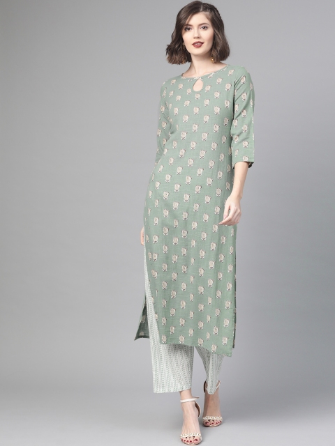 

Nayo Women Green & Beige Printed Kurta with Trousers