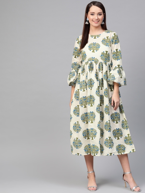 

Nayo Women Off-White & Green Printed A-Line Dress