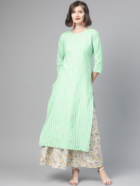 

Nayo Women Green & White Printed Kurta with Skirt