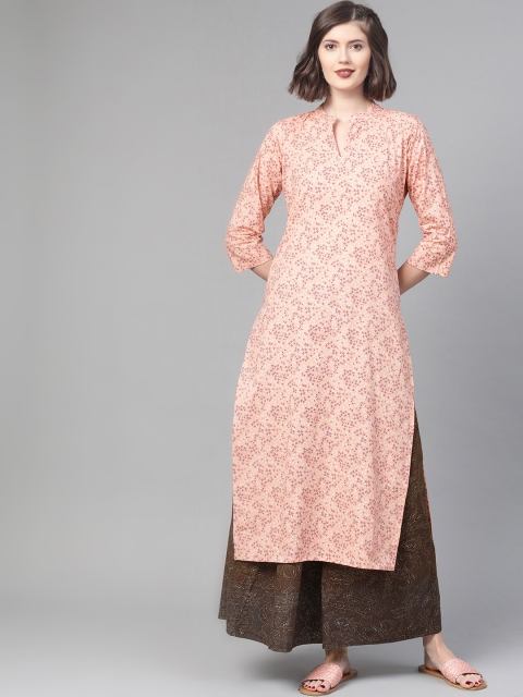 

Nayo Women Peach-Coloured & Coffee Brown Printed Kurta with Skirt