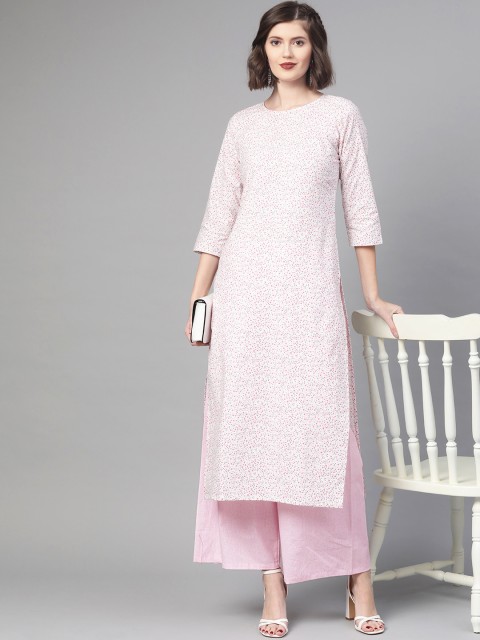 

Nayo Women White & Pink Printed Kurta with Palazzos