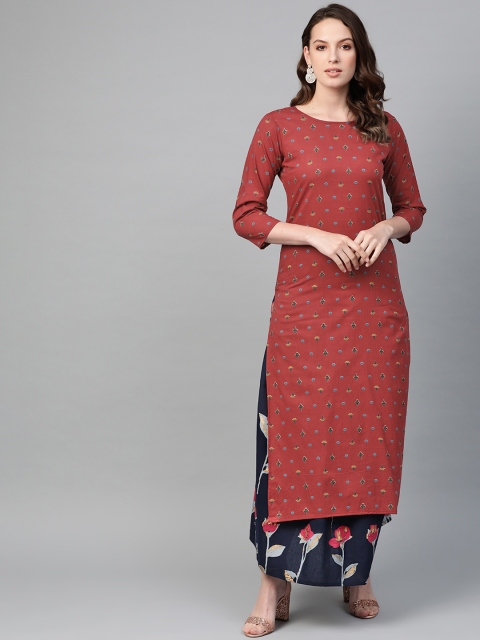 

Nayo Women Maroon & Navy Blue Printed Straight Kurta with Skirt