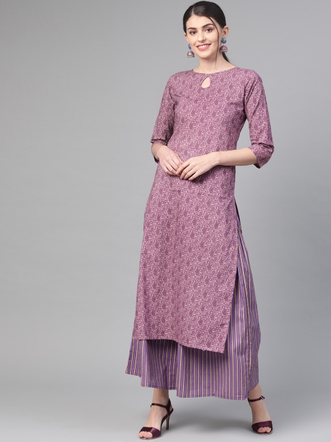 

Nayo Women Purple & Beige Printed Kurta with Skirt