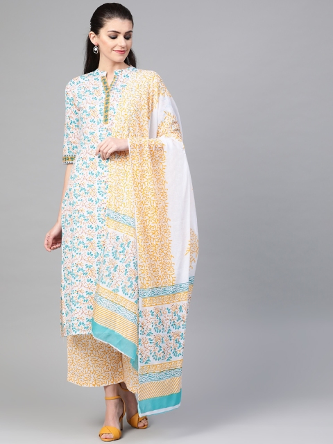 

Nayo Women White & Yellow Printed Kurta with Palazzos & Dupatta