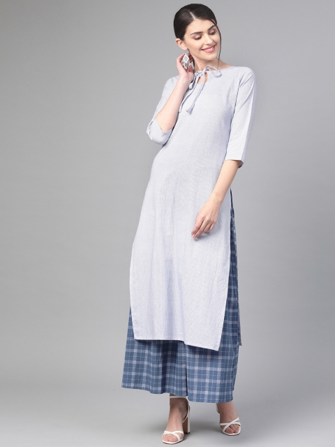 

Nayo Women White & Blue Printed Kurta with Skirt