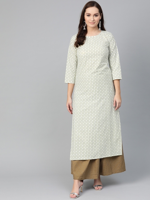

Nayo Women Off-White & Olive Green Printed Kurta with Skirt