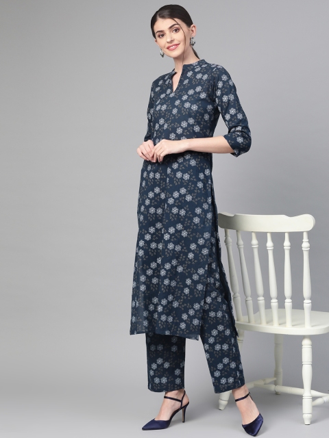 

Nayo Women Navy Blue & White Printed Kurta with Trousers