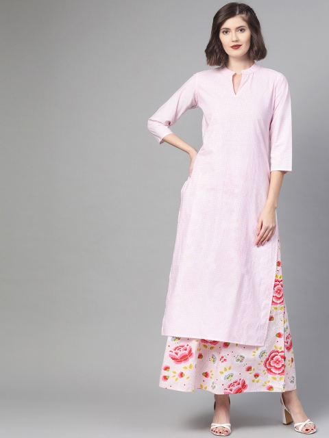 

Nayo Women Pink Checked Kurta with Skirt