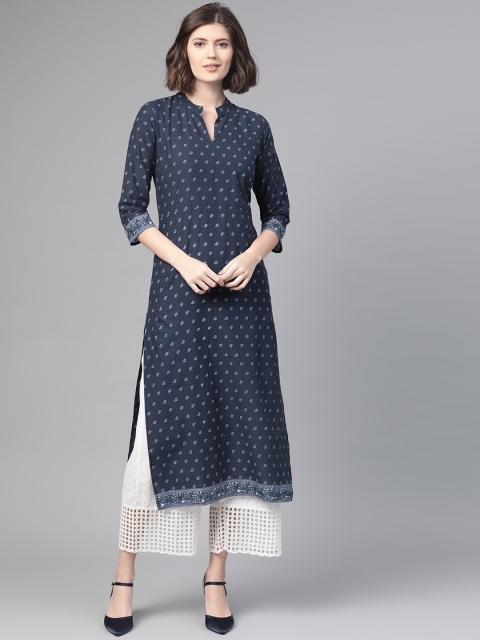 

Nayo Women Navy Blue & White Printed Straight Kurta