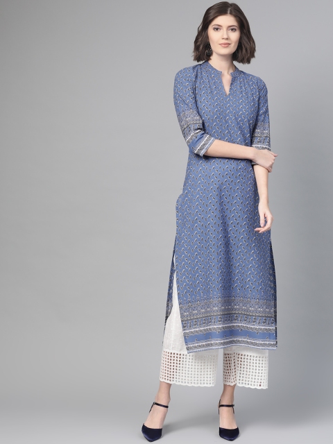 

Nayo Women Blue & White Printed Straight Kurta