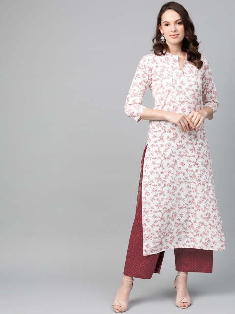 

Nayo Women White & Burgundy Printed Straight Kurta with Palazzos