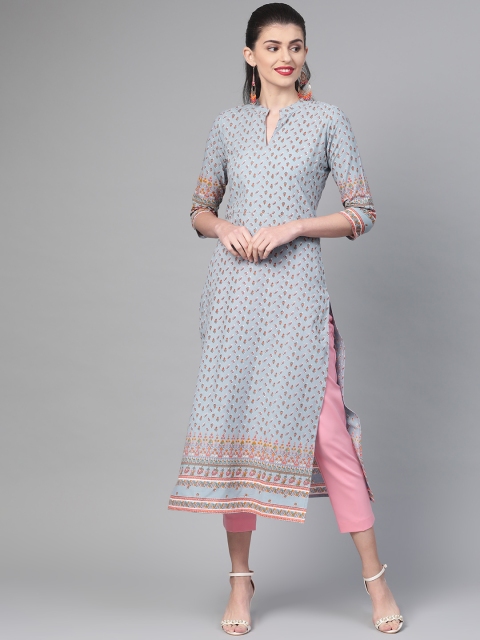 

Nayo Women Blue & Orange Printed Straight Kurta