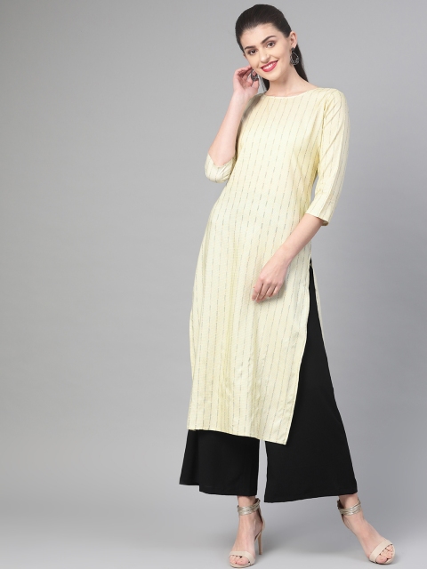 

Nayo Women Off-White & Green Striped Straight Kurta