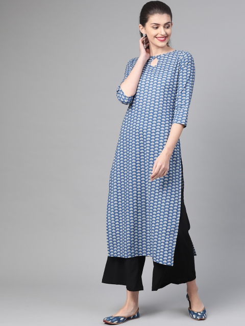 

Nayo Women Blue & White Printed Straight Kurta