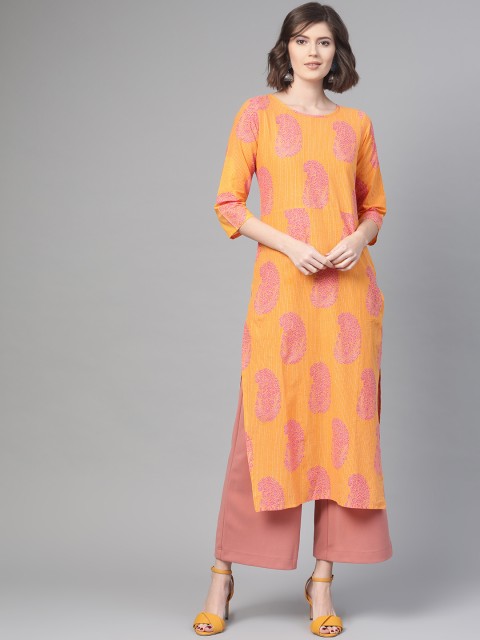 

Nayo Women Orange & Pink Printed Straight Kurta