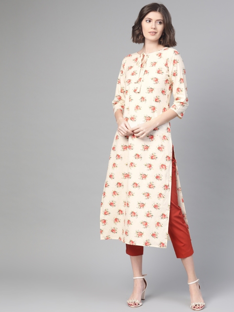 

Nayo Women Off-White & Peach Printed Straight Kurta