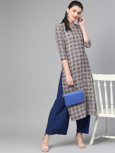 

Nayo Women Charcoal Grey & Maroon Printed Straight Kurta