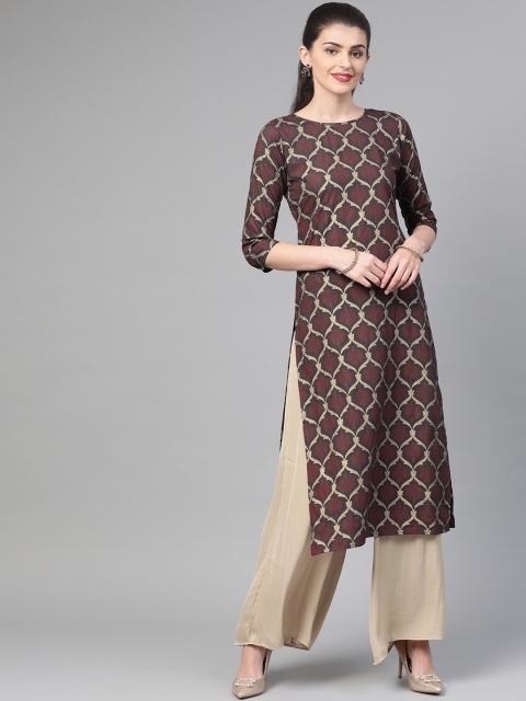 

Nayo Women Charcoal Grey & Maroon Printed Straight Kurta