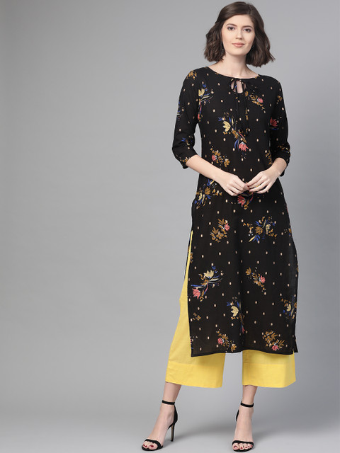 

Nayo Women Black & Golden Printed Straight Kurta