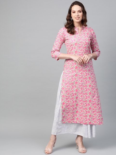 

Nayo Women Pink & Lavender Printed Straight Kurta with Skirt