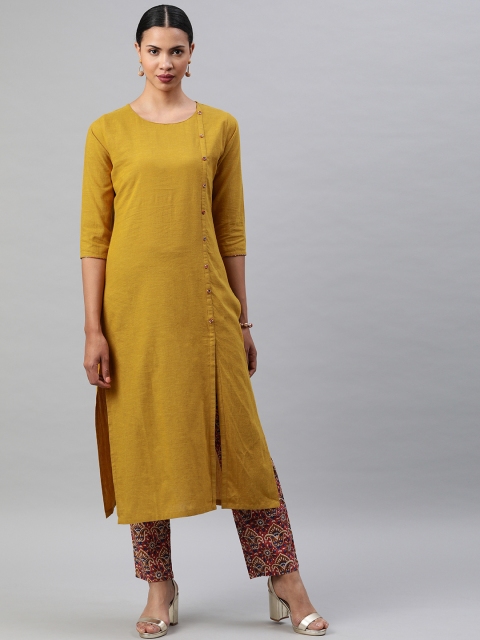 

Soch Women Mustard Yellow & Rust Brown Solid Kurta with Printed Trousers