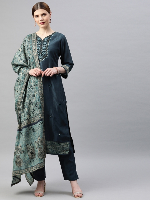 

Soch Women Navy Blue & Black Embroidered Kurta with Trousers & Printed Dupatta