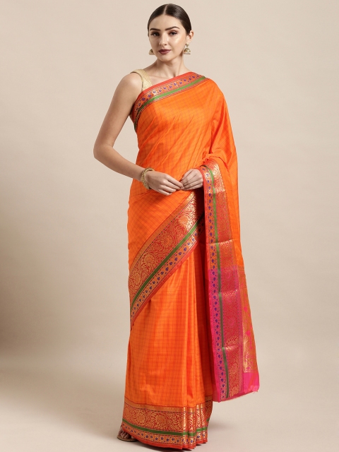 

Satrani Orange Poly Silk Checked Kanjeevaram Saree