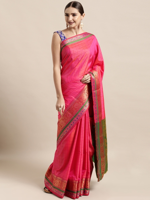 

Satrani Pink Poly Silk Checked Kanjeevaram Saree