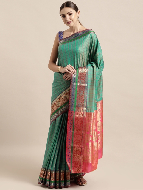 

Satrani Turquoise Blue & Green Dual Tone Poly Silk Woven Design Checked Kanjeevaram Saree