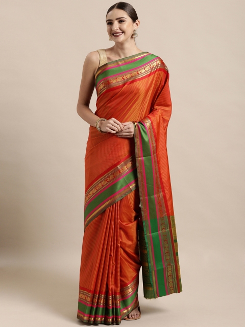 

Satrani Orange Poly Silk Checked Kanjeevaram Saree