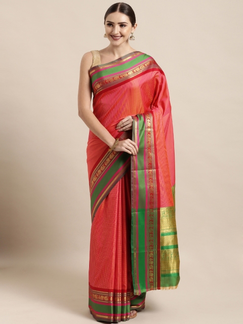 

Satrani Pink Poly Silk Checked Kanjeevaram Saree