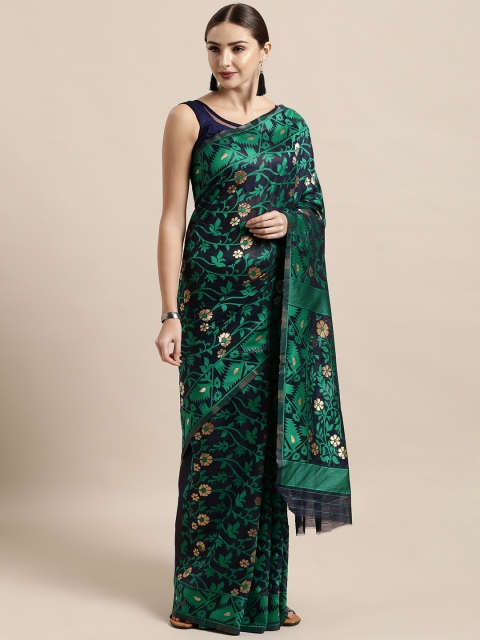 

Satrani Navy Blue & Green Silk Blend Woven Design Jamdani Saree
