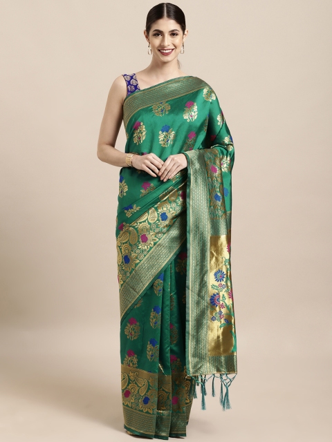 

Satrani Teal & Gold-Toned Poly Silk Woven Design Banarasi Saree