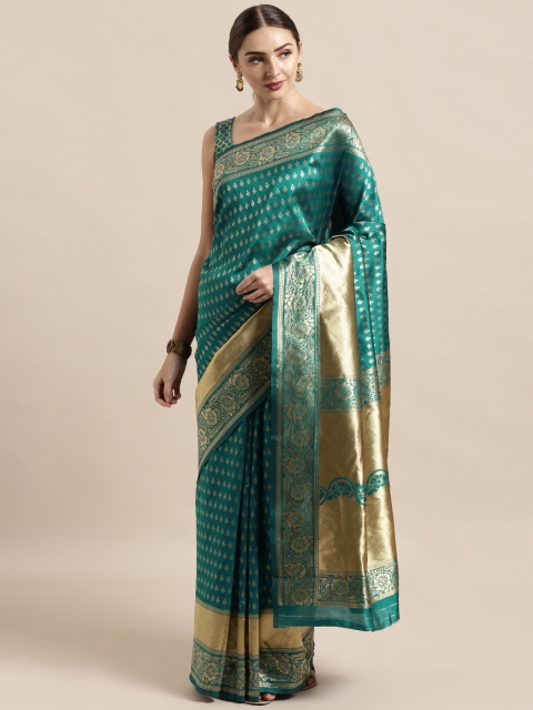 

Satrani Teal Green & Gold-Toned Poly Silk Woven Design Banarasi Saree
