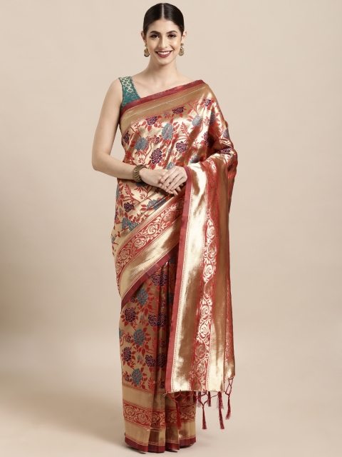 

Satrani Red & Gold-Coloured Poly Silk Woven Design Banarasi Saree