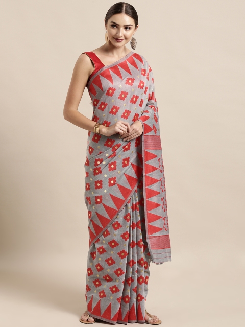 

Satrani Grey & Red Silk Blend Woven Design Jamdani Saree