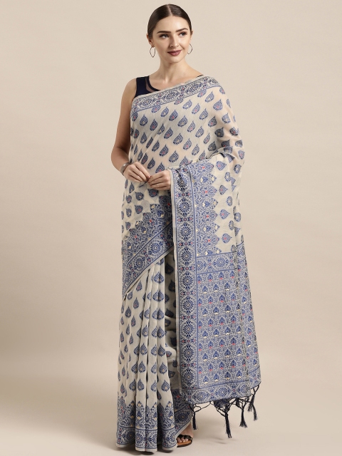 

Satrani Off-White & Blue Silk Blend Woven Design Jamdani Saree