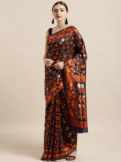 

Satrani Navy Blue & Orange Silk Blend Woven Design Jamdani Saree