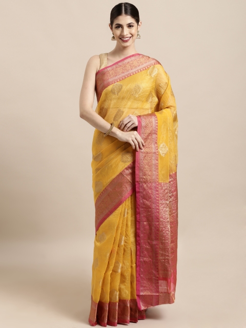 

Satrani Yellow & Golden Silk Blend Woven Design Banarasi Saree