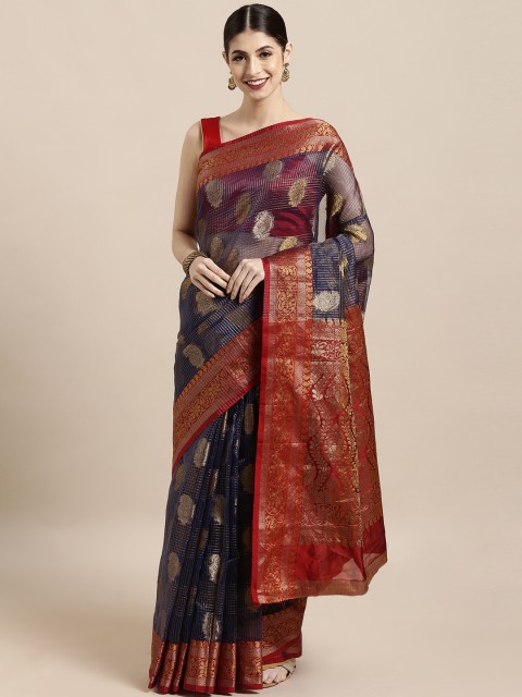 

Satrani Navy Blue & Red Silk Blend Woven Design Banarasi Saree