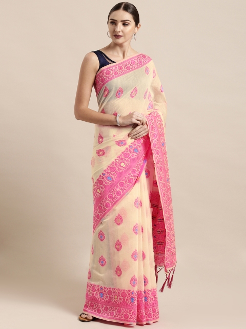 

Satrani Off-White & Pink Silk Blend Woven Design Jamdani Saree
