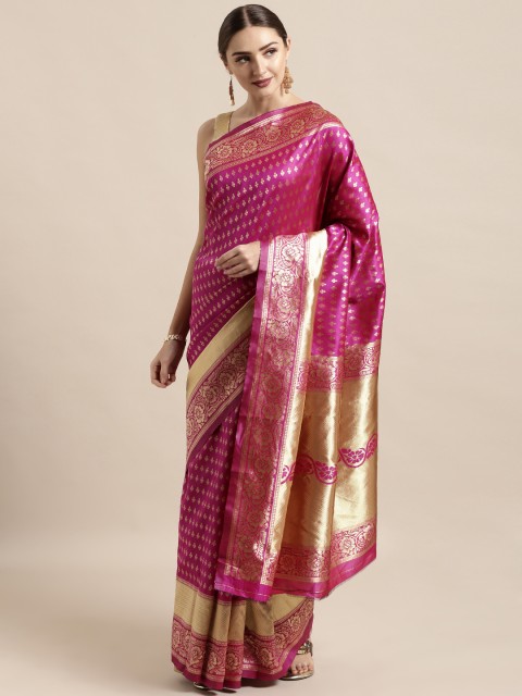 

Satrani Pink & Gold-Toned Poly Silk Woven Design Banarasi Saree