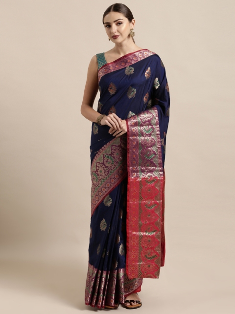 

Satrani Navy Blue & Golden Poly Silk Woven Design Kanjeevaram Saree