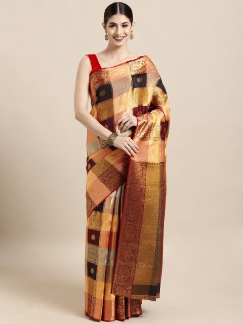 

Satrani Beige & Burgundy Poly Silk Woven Design Kanjeevaram Saree